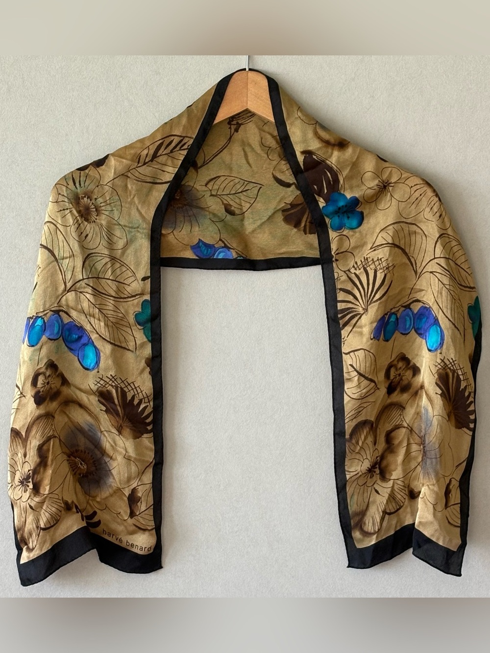 Harve Benard Gold Floral Silk Scarf with Teal-Blue Accents and Black Trim